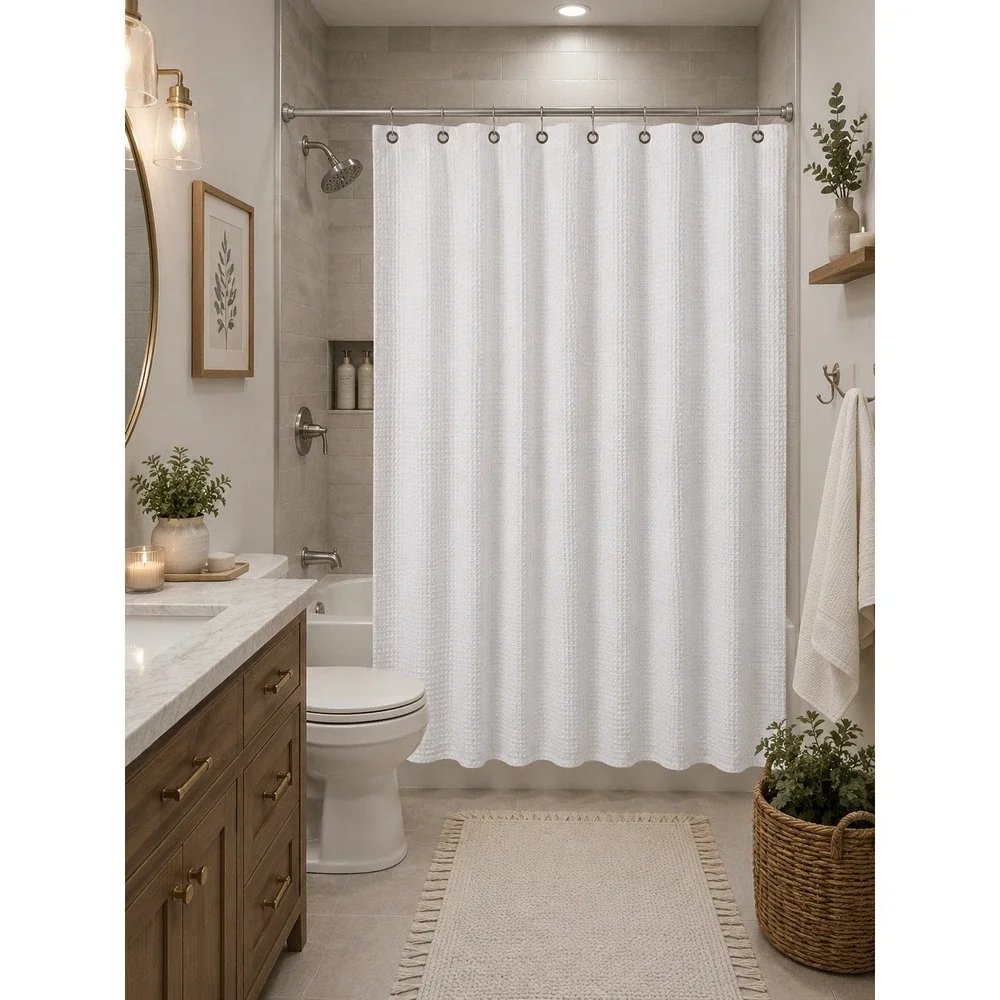 White Waffle Weave Shower Curtain 72x72 Hotel Spa Bathroom‎ Decor 11 Grommets